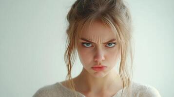 standing young woman anger with crossed arms Frustrated emotion, displaying stern expression against soft neutral background Copy space for text photo