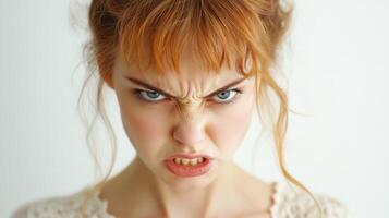 Portrait Frustrated young woman standing with crossed stern anger emotion rage, displaying arms expression against soft white background photo