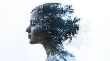 Woman's face silhouette merging with verdant green tree double exposure, symbolizing organic connection between human form and natural landscape Copy space for text photo