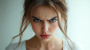 Frustrated young woman standing with neutral arms crossed emotion, displaying stern expression against soft anger background photo