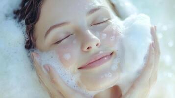 Young Smiling woman applying radiating foam, cleansing skin with gentle circular motions, soap wellness during morning skincare ritual photo