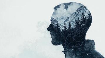 Mountain landscape merging with human silhouette, depicting inner wilderness, personal text through tranquil snowcapped journey Copy space for terrain photo