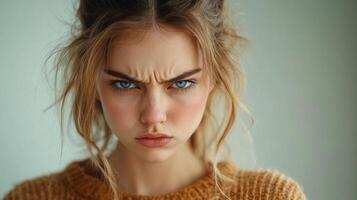 Portrait Frustrated young woman standing with crossed arms anger emotion, displaying stern expression against soft neutral background Copy space for text photo