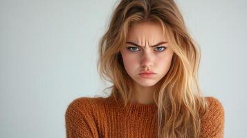 against young woman Frustrated with crossed arms anger emotions, displaying stern expression standing soft neutral background photo