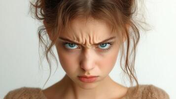 Portrait Frustrated young woman standing with crossed arms anger emotion rage, soft stern expression against neutral displaying background photo