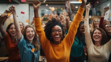 A joyful by joy young back woman emotion with curly hair, grinning widely and raising her hands in excitement, framed background a white happiness photo