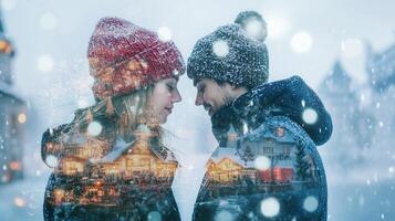 Romantic couple sharing snowfall magic during double with christmas exposure effect of illuminated houses winter photo