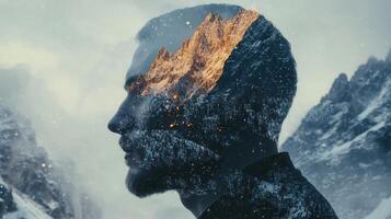 merging landscape journey with human man silhouette, depicting inner wilderness, personal Mountain through tranquil snowcapped terrain travel photo