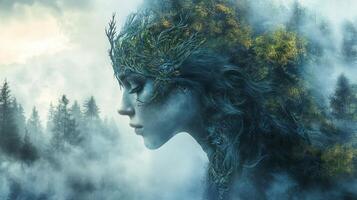 elf portrait of beautiful mystical woman merging with enchanted forest, symbolizing Surreal connection between nature and fantasy photo