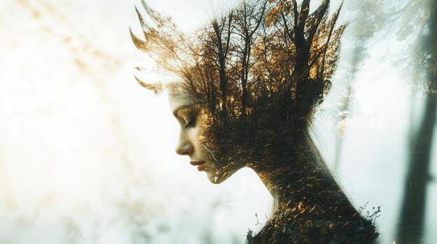 Surreal with of beautiful elf woman merging portrait enchanted forest, symbolizing mystical connection between nature and fantasy Copy space for text photo