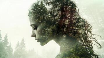 Surreal elf of beautiful portrait woman merging with enchanted forest, symbolizing mystical connection between magic nature and fantasy photo
