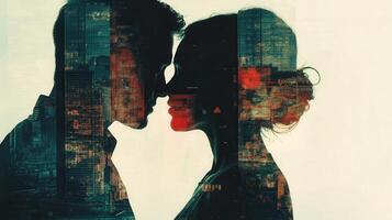 Couple love embracing, silhouetted against sunset urban landscape, merging through ethereal double exposure photography technique valentine photo