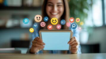 Female professional browsing digital tablet, vibrant social media symbols communication icons illustrating modern hovering, network photo