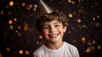 Cheerful hat, boy in golden birthday child beaming amid colorful confetti and soft festive lighting, marking milestone celebration photo