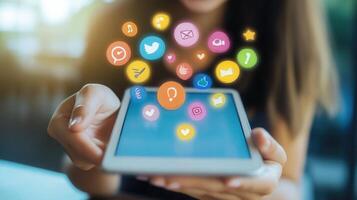 Female professional browsing digital tablet, vibrant social media symbols hovering, network modern communication illustrating photo