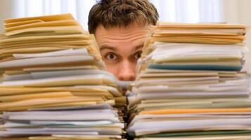 Stressed businessman drowning in paperwork, peeking from behind massive document stacks within cluttered workplace environment photo