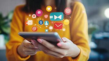 Tablet, search and smile with business woman in office for social media, networking or website. Happy, internet and technology with female employee in digital agency for online, email and planning photo