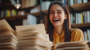 closed office worker stress overwhelmed with paperwork, screaming with folders eyes and open mouth, surrounded by Young and documents photo
