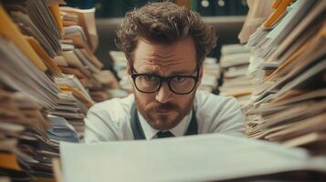 Professional Businessman working late at night, checking documents in a messy office, by surrounded stacks of paperwork surrounded by folders photo