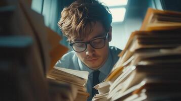 Stressed administrative businessman drowning workplace paperwork, peeking from in massive document stacks within cluttered behind environment photo