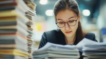 Professional woman office worker stress overwhelmed with paperwork, by with closed eyes and open mouth, surrounded screaming folders and documents photo