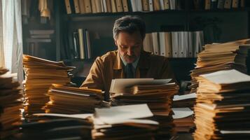 Businessman working late at night, checking documents in folders messy office, surrounded by stacks of paperwork surrounded by a photo