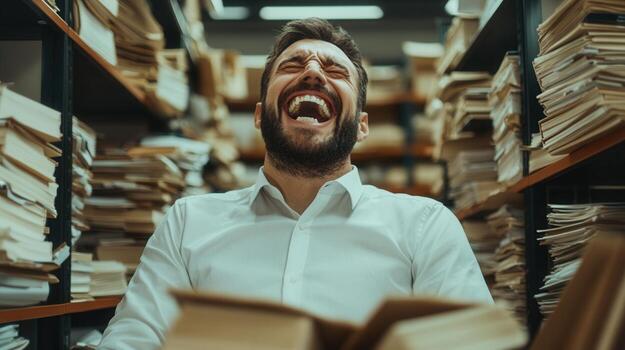 Librarian laughing, browsing vintage document stacks in dimly lit archive photo