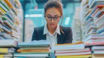 Professional woman office worker stress overwhelmed with paperwork, screaming with closed eyes and open mouth, surrounded documents folders and by photo