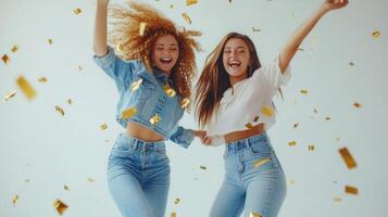 Two happy falling positive emotion wearing jeans and t shirts are dancing under studio golden confetti on a white background women photo