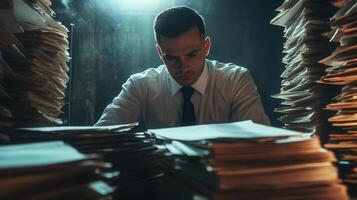 Businessman surrounded late at night, checking documents in a messy office, and by stacks of paperwork surrounded by folders working documents photo