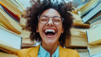 Young eyes worker overwhelmed with paperwork, screaming with closed office and open mouth, surrounded by folders and documents photo