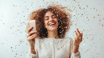 Joyful woman reading swirling, message on smart phone, golden confetti positive celebrating personal triumph with radiant expression photo