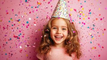Portrait of smile girl 10 old years wearing party hat, celebrating birthday with expressing confetti, falling joy and happiness pink background photo