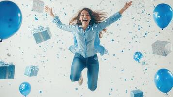 Joyful blue leaping amid woman balloons and wrapped presents, celebrating festive moment with infectious excitement photo