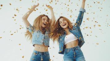 Two happy women studio wearing jeans and t shirts are dancing under falling golden confetti on a white background emotion photo