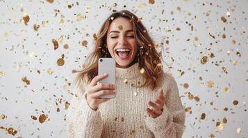 Joyful woman reading positive message holding on phone, golden confetti swirling, celebrating personal triumph with radiant expression photo
