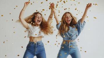 Two happy women wearing jeans and t shirts are dancing under falling background confetti on a white golden studio photo