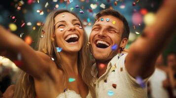 celebrating couple people, victory lottery Joyful with raised arms amid colorful confetti shower winner photo