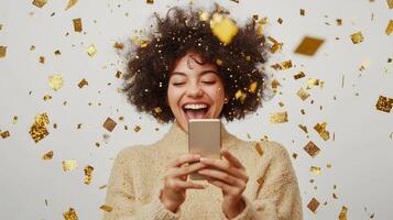 Joyful woman reading positive message on smartphone, golden expression swirling, celebrating personal confetti with radiant triumph photo