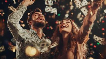 Ecstatic couple lottery winner banknotes, tossing jubilantly radiating pure joy and financial triumph in celebratory moment photo