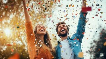 Ecstatic happy couple lottery winner jubilantly tossing banknotes, radiating pure joy and financial triumph in celebratory moment photo