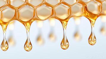natural honey dripping from honeycomb against a pristine white background, creating a sweet and Golden visual delight photo