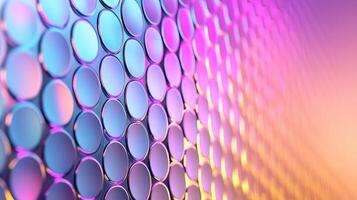Holographic iridescent fabric displaying vibrant rainbow polka dots, color shimmering dynamic with shifts for innovative design and fashion applications photo