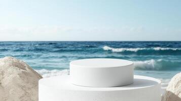 White summer podium on wooden pier with turquoise sea in background, showcasing cylindrical product display photo