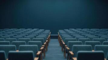 White chairs neatly lined up in wall, conference minimalist facing blue space, awaiting professional gathering or corporate meeting photo