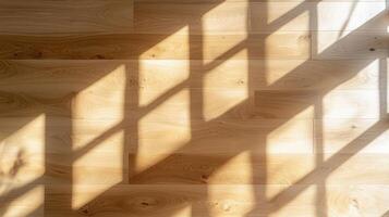 Sunlight streaming through interior glass, creating delicate shadow patterns across gleaming hardwood flooring, radiating warm window ambiance photo