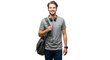 A man with headphones and a backpack is smiling photo