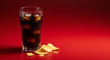 A glass of soda with ice and chips photo