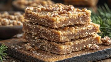 A stack of three pieces of fudge with nuts photo