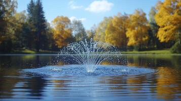 A fountain in a lake with trees in the background photo